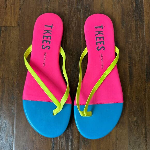 TKEES Neon Tips Flip Flop Sandals Pink Blue Leather Thong - Picture 1 of 9